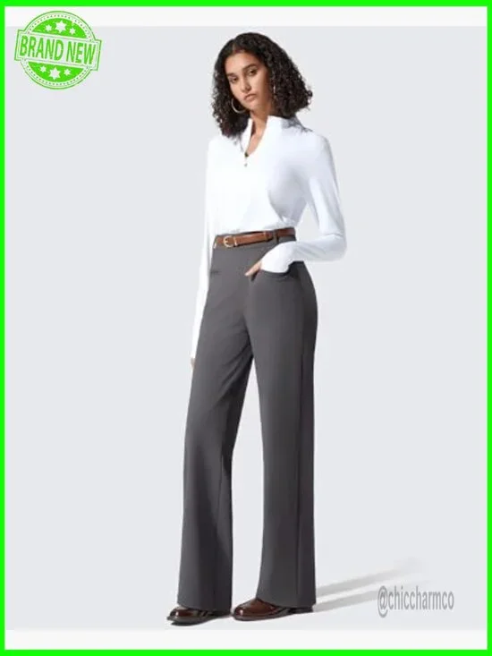 Straight Leg Work Pants with Pockets, High Rise, Stretch Fabric - Picture 5 of 7